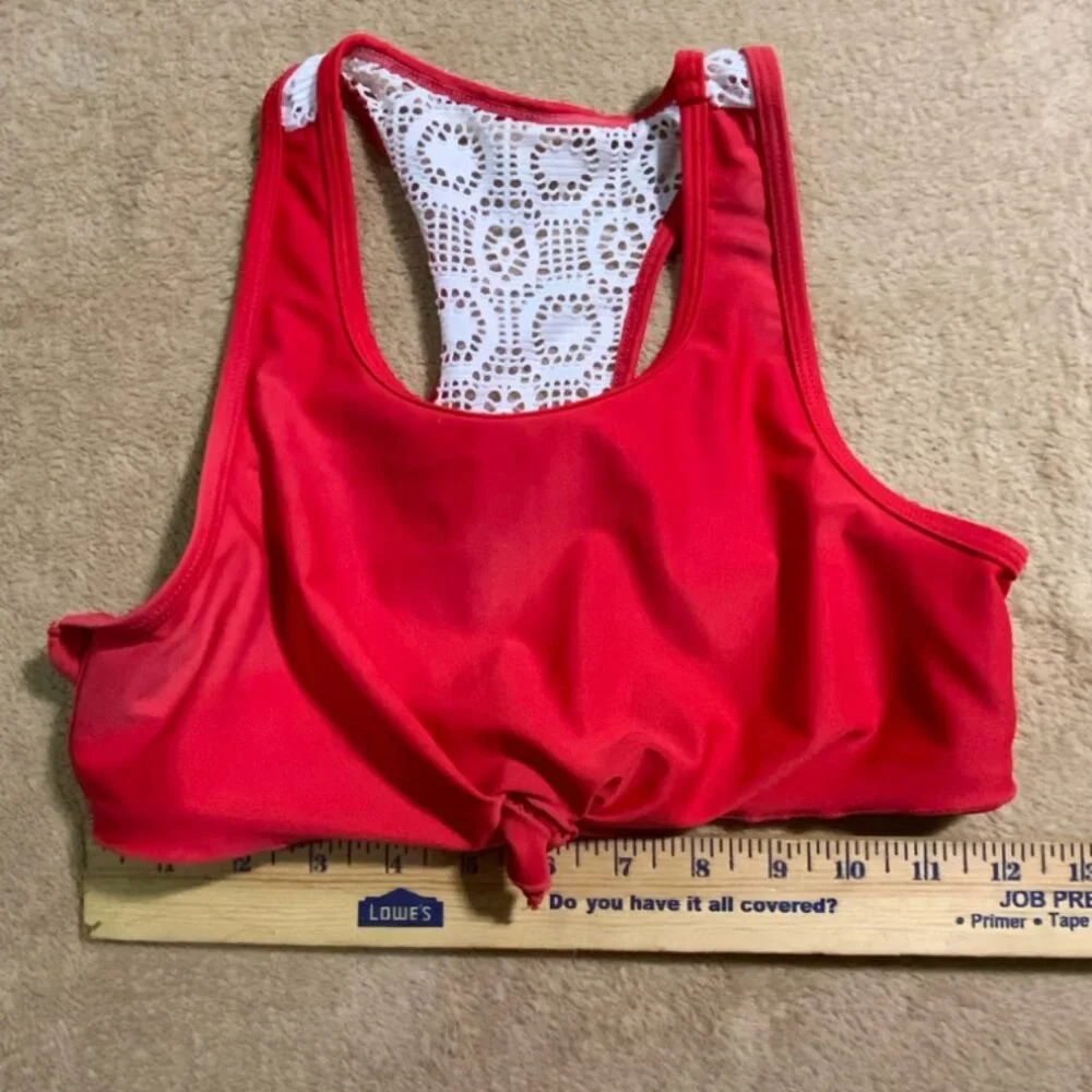 Justice Sz 16 Red Racerback Swimsuit Girls Top White Crochet Design Back‎ (C)